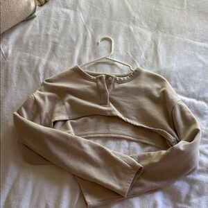 Zara Tan Long Sleeve Crop Blouse with Mandarin Collar